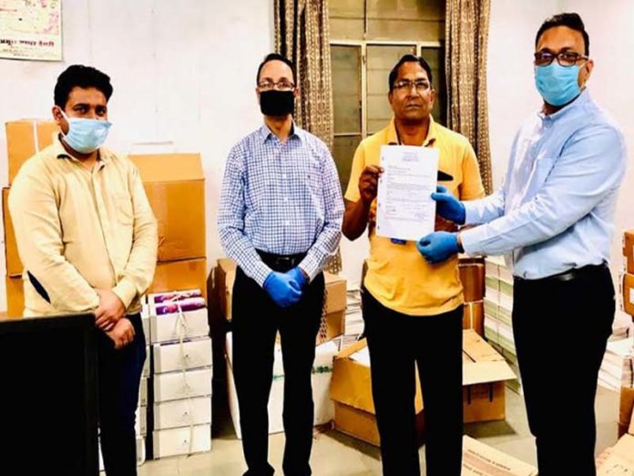 (From R-L) CEO, Rambagh Palace, Mr. Ram Rathore donating medical supplies to Chief Store Manager, Central Warehouse, Rajasthan Health Department, Mr. Bansi Lal. Also seen in the photo Director of Finance, Rambagh Palace, Mr. R.K. Jain and Dr. Vijendra Bansiwal of Khushi Baby at the Central Warehouse, Rajasthan Health Department in Jaipur today. (From R-L) CEO, Rambagh Palace, Mr. Ram Rathore donating medical supplies to Chief Store Manager, Central Warehouse, Rajasthan Health Department, Mr. Bansi Lal. Also seen in the photo Director of Finance, Rambagh Palace, Mr. R.K. Jain and Dr. Vijendra Bansiwal of Khushi Baby at the Central Warehouse, Rajasthan Health Department in Jaipur today.