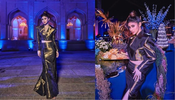 Mouni Roy started fashion magic in golden outfit for a grand event in Hyderabad. Mouni Roy started fashion magic in golden outfit for a grand event in Hyderabad.