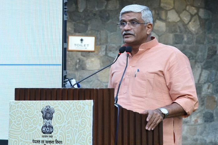 New Delhi: Union Minister for Jal Shakti Gajendra Singh Shekhawat addresses at the launch of the Rural Sanitation Strategy (2019-2029), in New Delhi on Sep 27, 2019. (Photo: IANS/PIB)